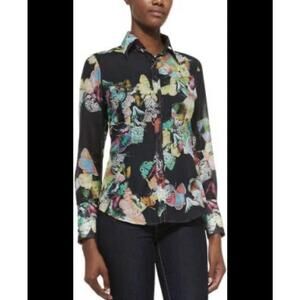 Georg Roth Cotton Silk Semi Sheer Long Sleeve Blouse Black Butterflies Small